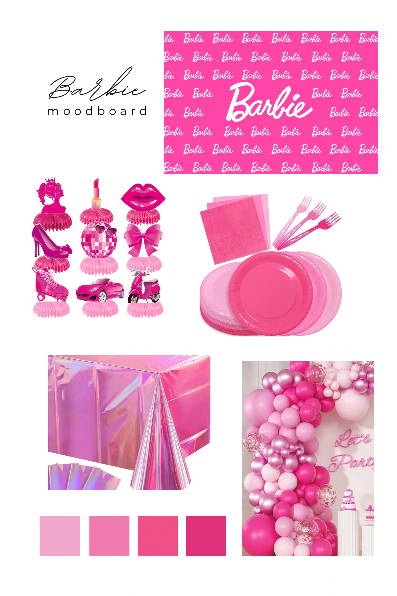 Barbie party theme mood board with pink decorations and tableware.
