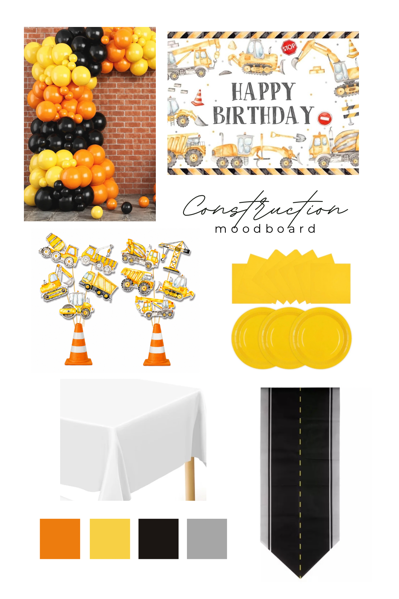 Construction party theme mood board with worksite-inspired decorations and tableware.