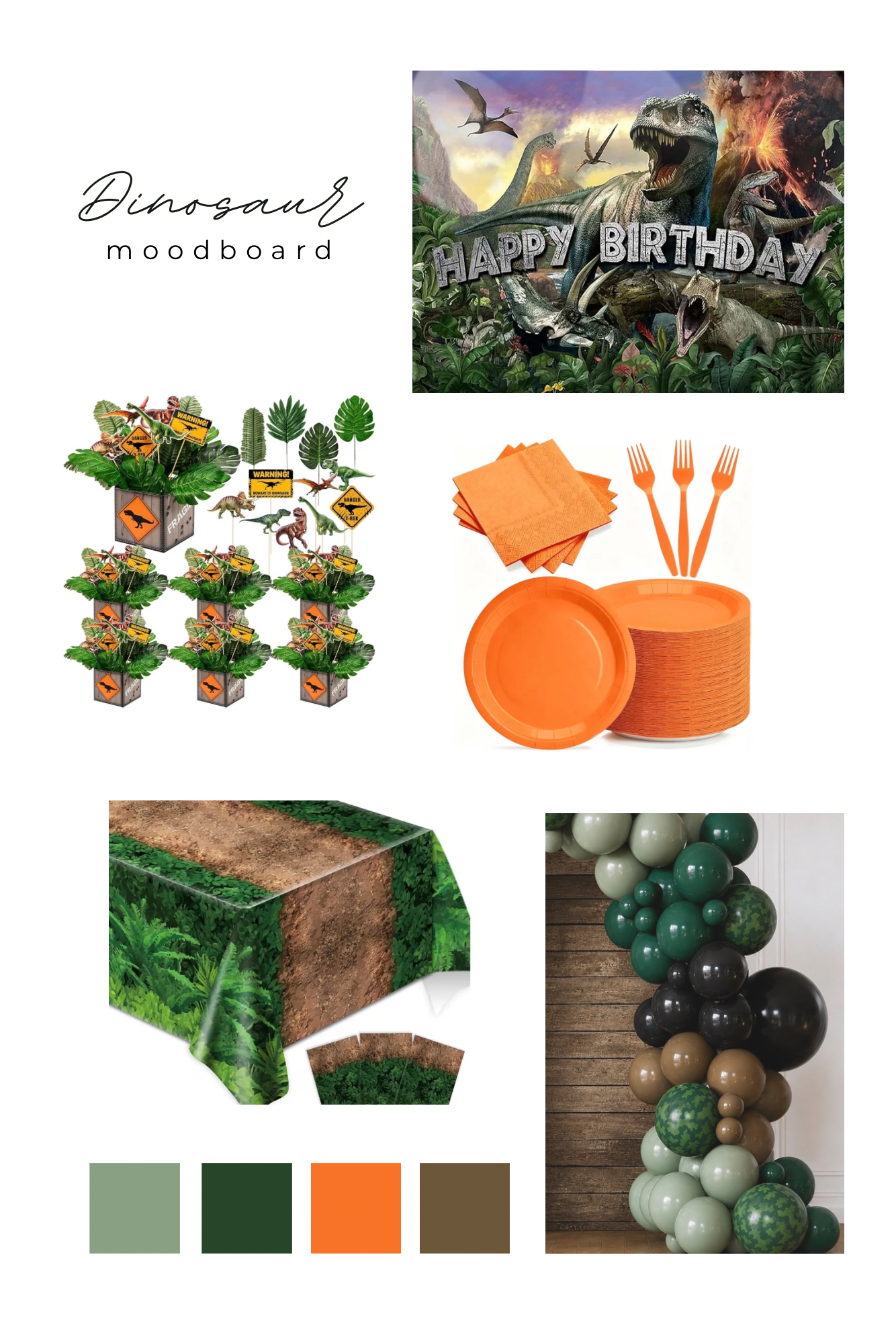 Dinosaur party theme mood board with prehistoric decorations and tableware.