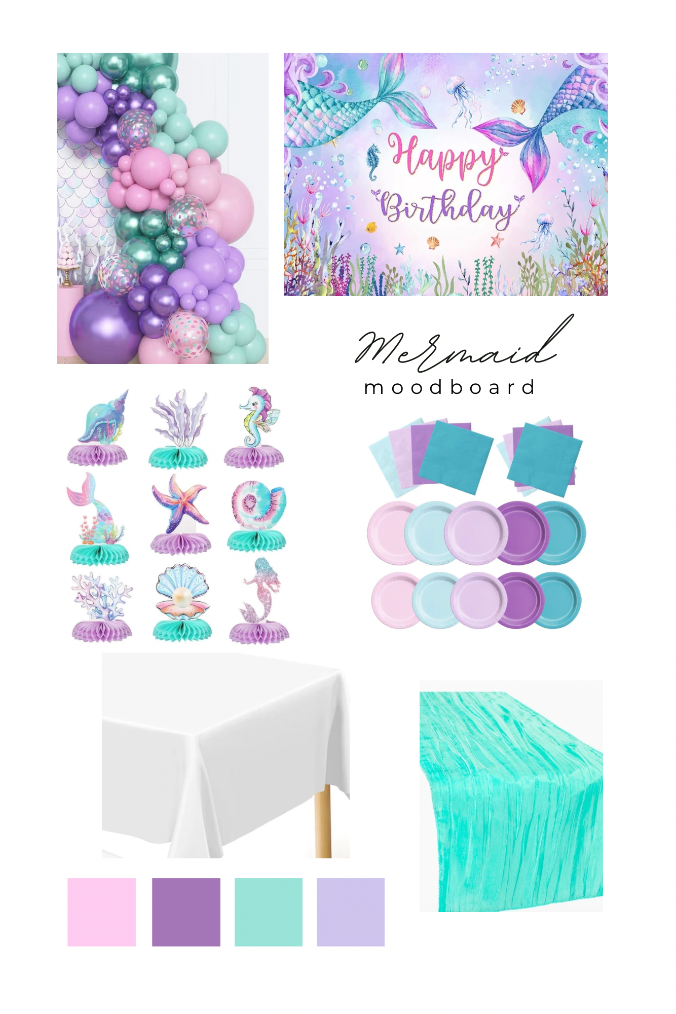 Mermaid party theme mood board with under-the-sea decorations and tableware.