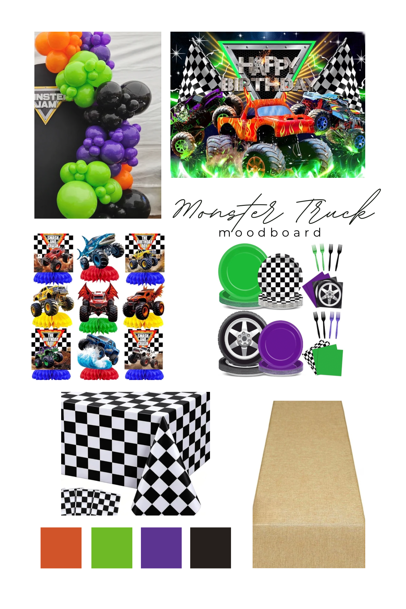 Monster truck party theme mood board with racing decorations and tableware.