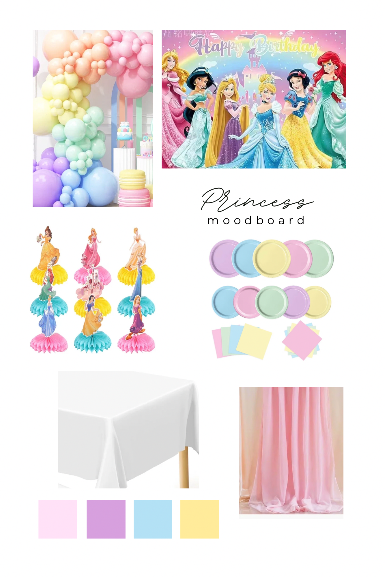 Princess party theme mood board with royal decorations and tableware.