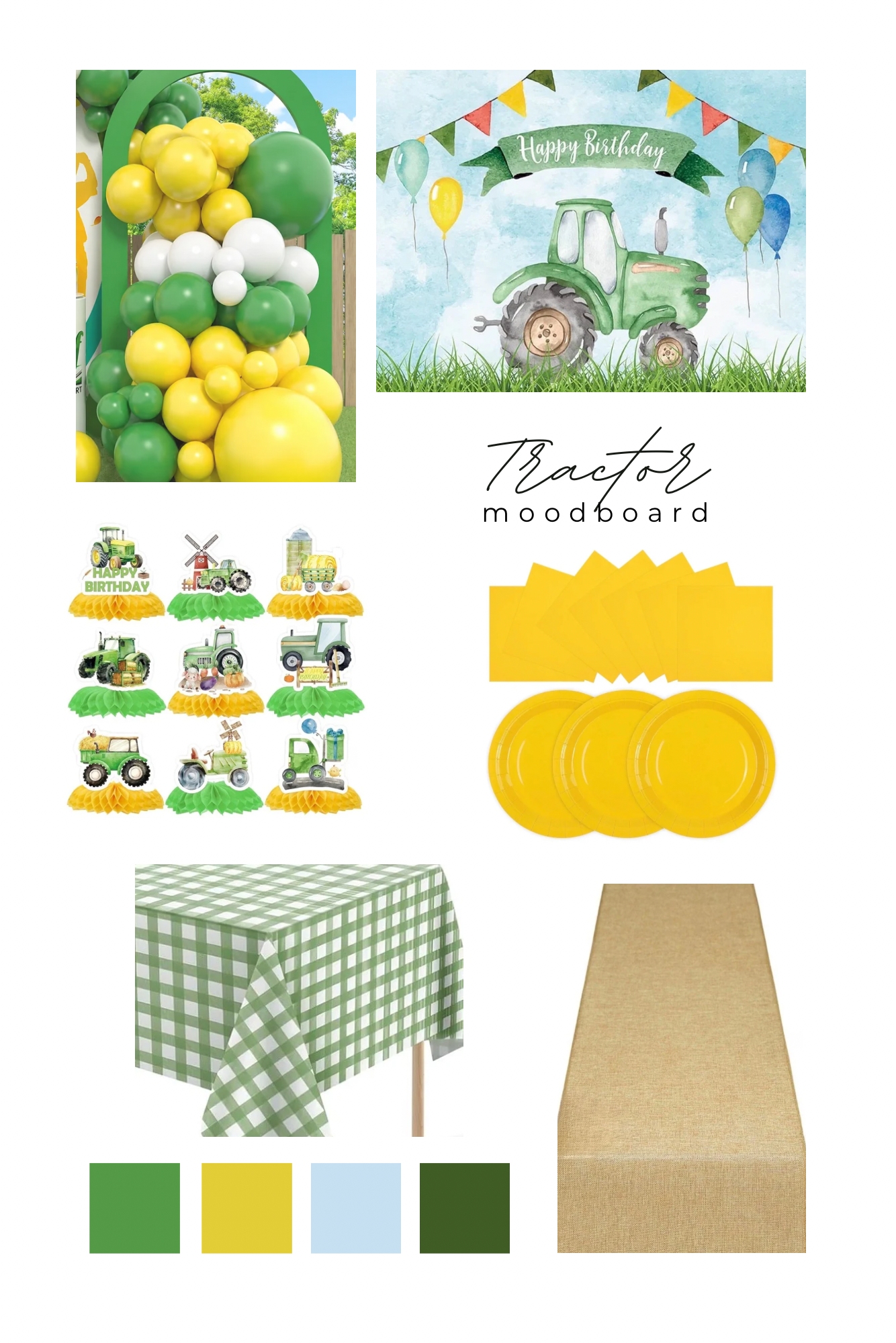 Tractor party theme mood board with farm-inspired decorations and tableware.