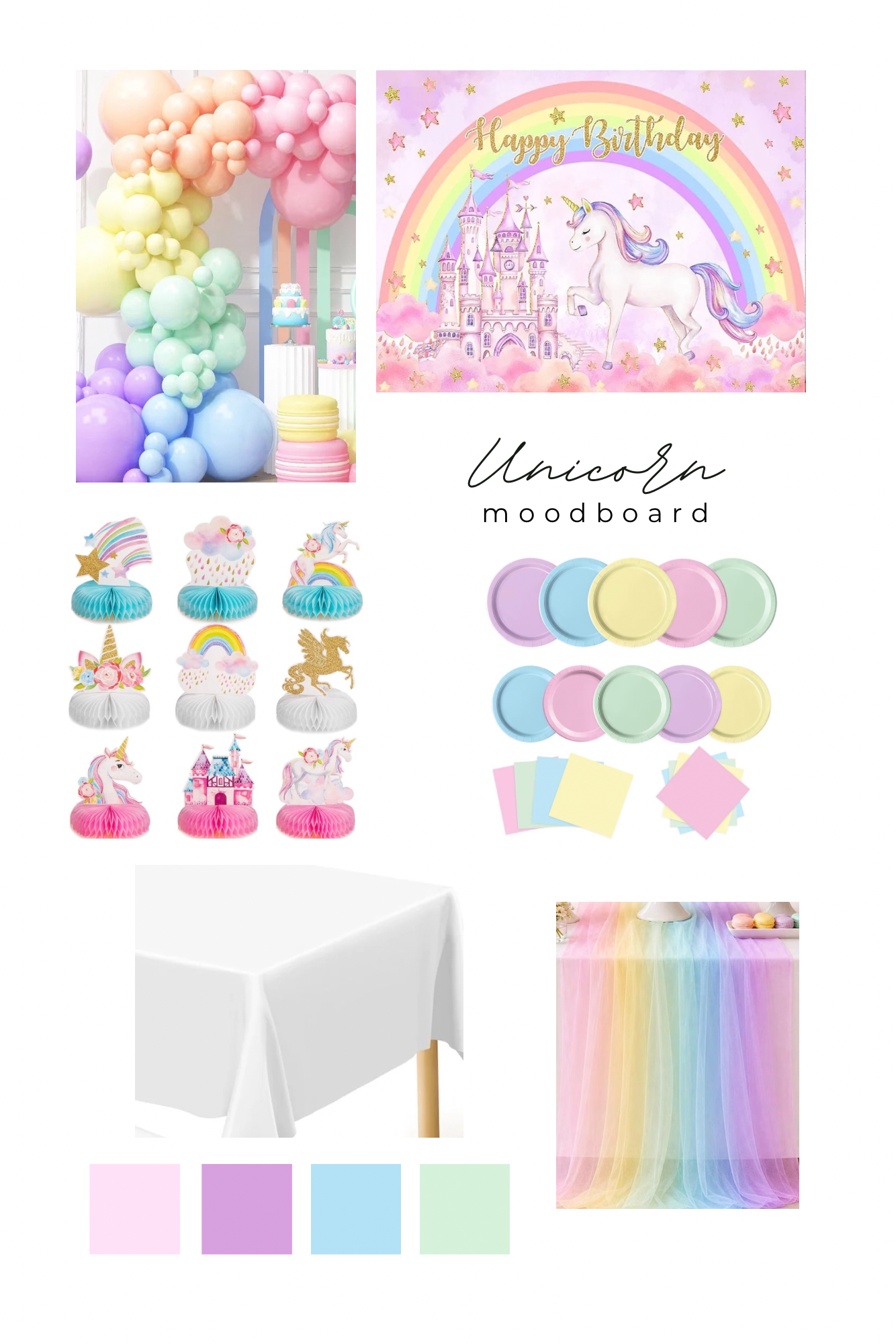 Unicorn party theme mood board with pastel rainbow decorations and tableware.